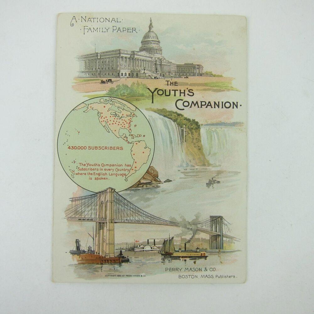 Victorian Trade Card Folding Youth's Companion Brooklyn Bridge Steam Ships 1889
